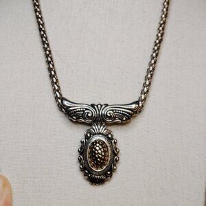 Vintage Two‑Tone Ornate Pendant Necklace – Wheat Chain – 17.5”